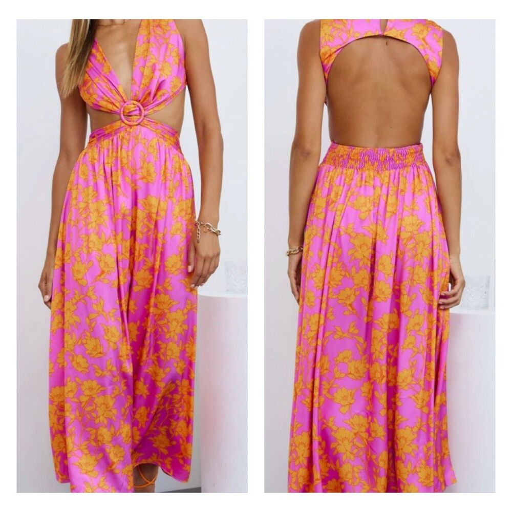 HELLO MOLLY Love Signs Halter Satin Maxi Dress Plunge, Vibrant Floral, Sz 2